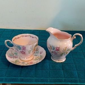 Tuscan Pink with Flowers Tea Cup and Creamer